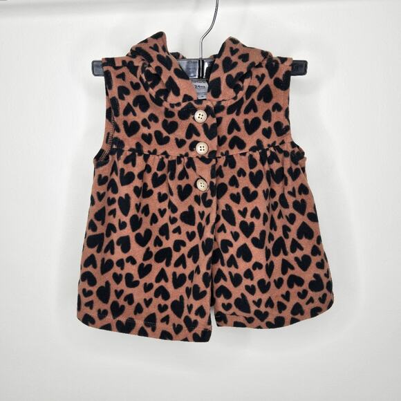 CARTERS Leopard-like Black Heart Print on Brown Fleece Hooded Sleeveless Jacket - Picture 1 of 7